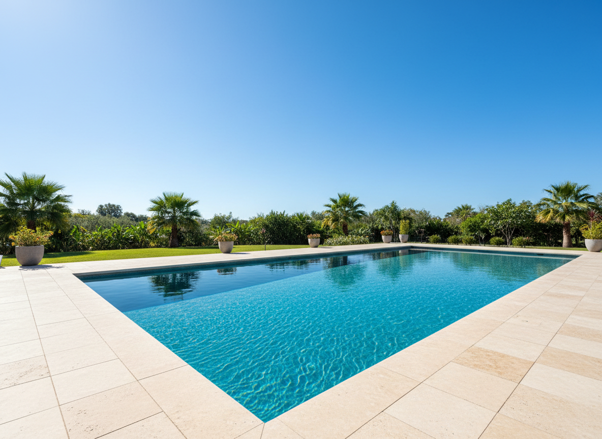 A pristine crystal-clear turquoise swimming pool viewed from a slightly elevated angle on a bright sunny day