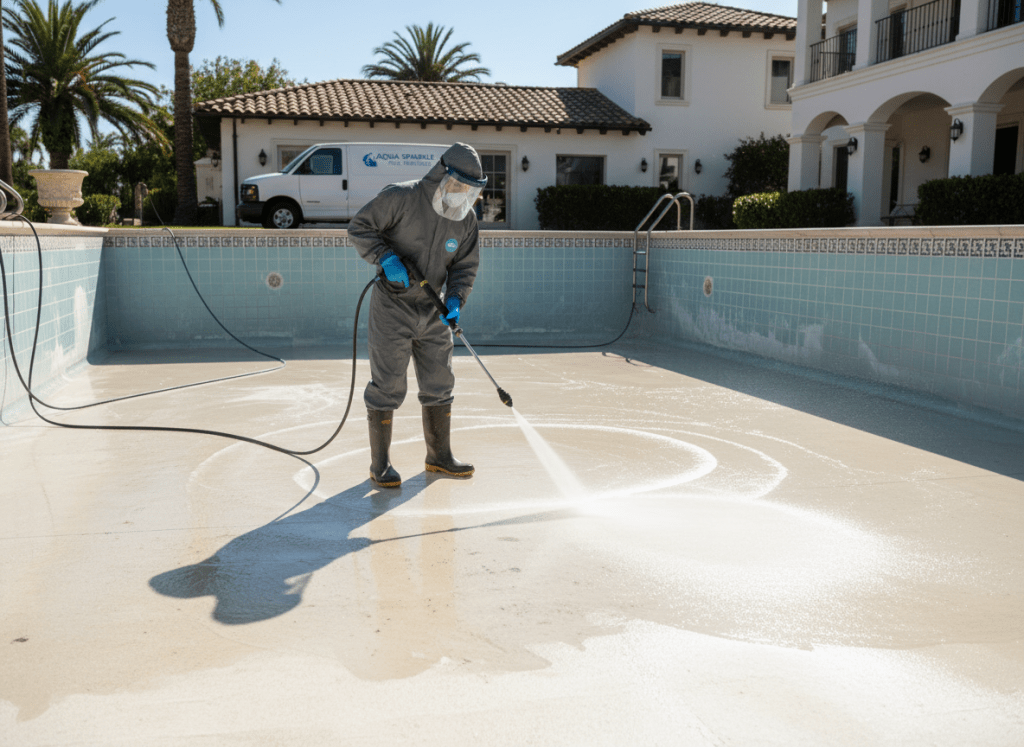 Limpieza a presión del fondo de una piscina de color claro